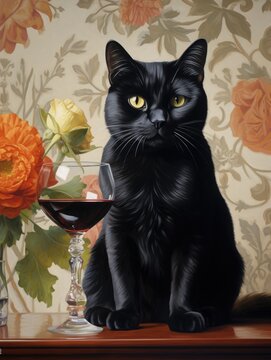 A painting of a black cat sitting elegantly next to a glass of red wine on a table, creating a cozy and sophisticated atmosphere.