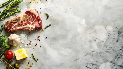 Food background with Fresh marbled beef rib eye steak, butter and spices - obrazy, fototapety, plakaty