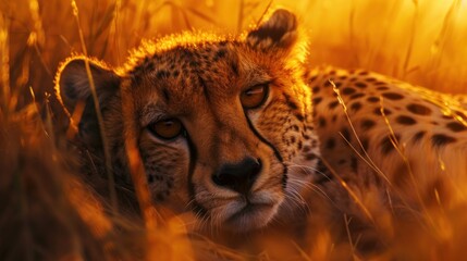 An intimate portrait of a cheetah at rest, its gaze piercing through the lens, with the warm hues of the setting sun --ar 16:9 --v 6 Job ID: cbe9699b-4c6b-4dcd-9790-de6f7d9c925b