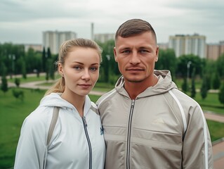 a couple from eastern europe in a park wearing sports clothes, young family concept