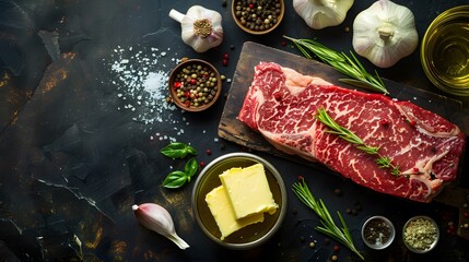 Food background with Fresh marbled beef rib eye steak, butter and spices - obrazy, fototapety, plakaty