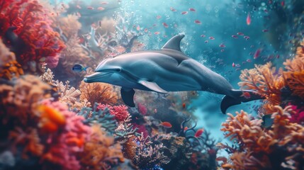 School of fish swimming around a coral reef in a vibrant underwater scene