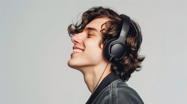 Young Smiling Brunette Caucasian High School Boy Or Man In Profile On White Background Wearing Headphones Indoors With Copyspace