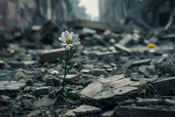 Resilience and mental health concept, a beautiful flower growing in the rubble of a house - obrazy, fototapety, plakaty