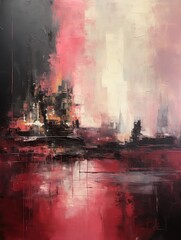 A vibrant painting depicting a city skyline with bold red and black colors, showcasing the dynamic energy of urban life.