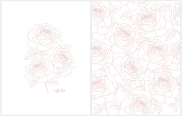 Lovely Hand Drawn Floral Card and Repeatable Print with Pink Roses. Seamless Vector Pattern with Light Pink Rose Flowers Isolated on a White Background. Delicate Pastel Pink Drawing of a Rose Bouquet.