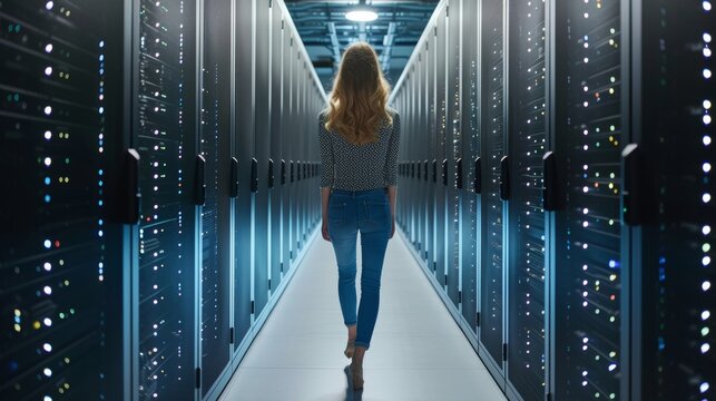 Engineer woman managing network servers in data center, overseeing infrastructure operations.