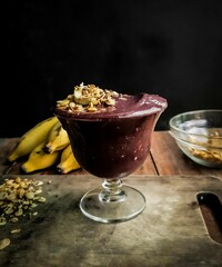  glass bowl with açaí and granola and black background