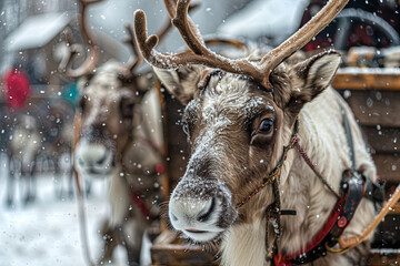 Reindeers are in harness during of winter day
 - obrazy, fototapety, plakaty