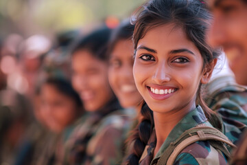 Indian woman army soldier smiling in Universal Camouflage Uniform
