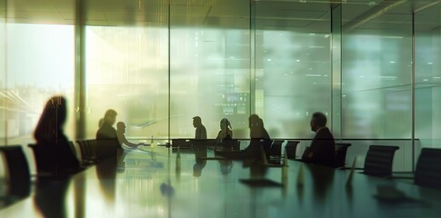 A group of businesspeople waiting for a train at an airport, silhouetted against a large window with a view of the city, showcasing a blend of travel, teamwork, and urban architecture
