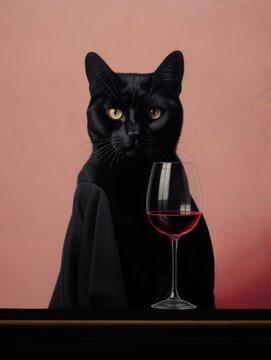 A black cat is seated at a table, next to a glass of wine. The cat appears curious, with its tail wrapped around the leg of the table.