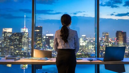 Businesswomen in front of full windows with her back turned and black straight tied up hair. A media worker watches the lights of the city from her office in the evening.