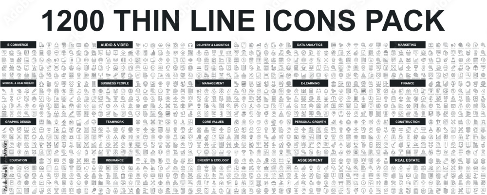Fototapete mega set of vector thin line icons. editable stroke. contains such icon collection as commerce, busi