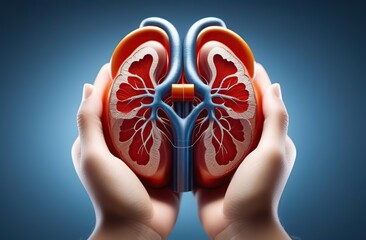 Female hands holding kidney, World Kidney Day. 