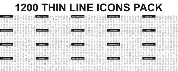 Mega set of vector thin line icons. Editable stroke. Contains such icon collection as commerce, business, finance, banking, data analysis, teamwork, marketing. Linear pictogram pack.