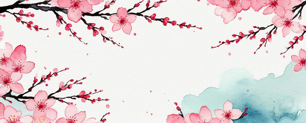 Illustration of cherry blossoms in full bloom. Abstract watercolor background with splashes.