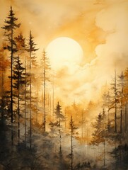 A painting showcasing a vibrant sunset casting a warm glow over a dense forest, with tall trees and rich foliage silhouetted against the sky.