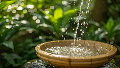 Water gently trickles down a bamboo fountain - creating a sense of peace and tranquility in a meticulously maintained zen garden - wide format