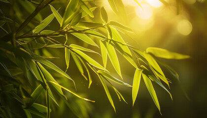 Sunlight filters through bamboo leaves, casting intricate shadows and revealing the fine veins and textures of each leaf - wide format