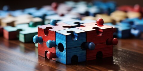 Detailed view of a puzzle pieces on a wooden table