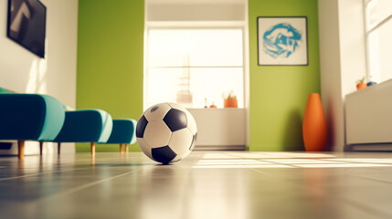 a soccer / football ball in a green living room, free space, sunny 