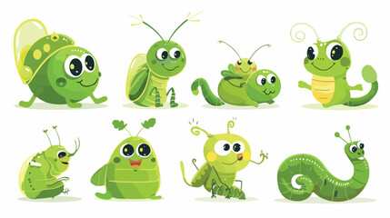 Green insect icon set. Mantis praying grasshopper