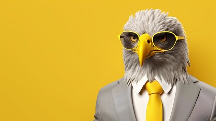 Eagle in business attire at office, studio shot on plain background with space for text placement