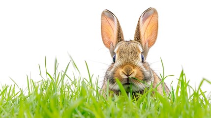 Obraz premium Hidden easter rabbit in a green meadow isolated on white background