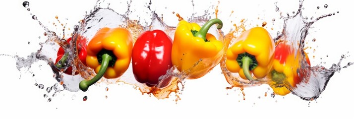 bell peppers in the air. falling, flying whole vegetables and a splash of water. levitation. a frozen frame.
