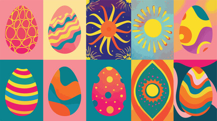 Happy Easter egg set. Groovy retro waves checkerb