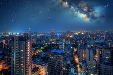 Starry Night Sky Over Illuminated Cityscape