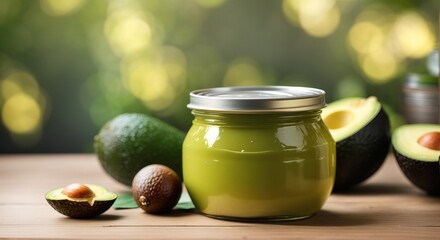 Canned avocado and fresh avocado on a wooden table