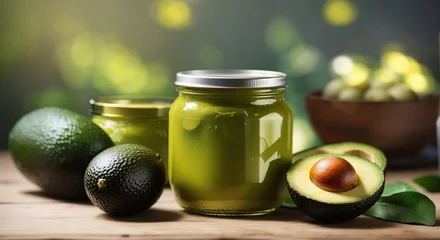 Foto op Plexiglas Canned avocado and fresh avocado on a wooden table © MochSjamsul