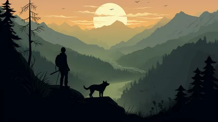Fotobehang Panorama Landscape of mountains with dark silhouettes of a man and a dog, flat style, vector style  © Karlicia
