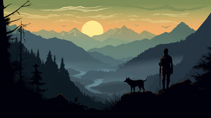 Fototapeta na wymiar Dark Silhouettes of Woman and Dog in Mountain Sunset, Hiking Adventure, Flat Vector Mountain Landscape