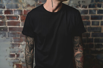 tattooed man in a blank black T-shirt 