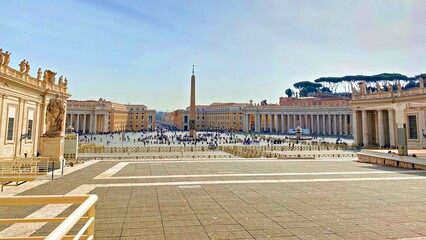 view of St. Peter's Square in front of the Basilica located in the Vatican City near  Rome, Italy