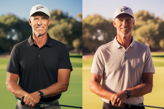 Portrait of a smiling mature golfer standing on a golf course.