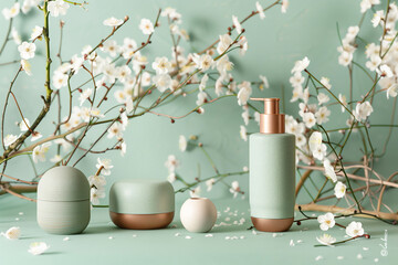 Elegant skincare packaging amidst delicate white spring blossoms, against a soft mint backdrop for a fresh, natural aesthetic..