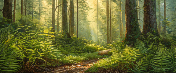 A fern field in the deep forest. Illustration of trees and bracken.