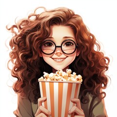 Cute smiling girl with popcorn watching movie. 3d character avatar illustration.