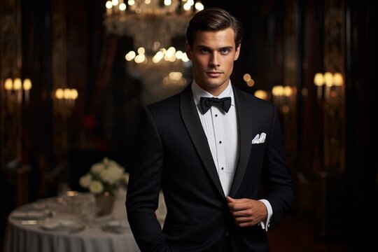 Suave man in a bespoke tuxedo and black satin cummerbund, standing in an opulent, old-world ballroom