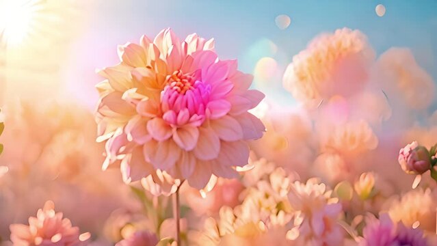 Pink dahlia field in the spring with beautiful sunlight. Beautiful field with pink and yellow dahlia flowers, 4k video garden filled with sun light and dahlias