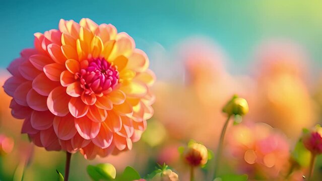 Pink dahlia field in the spring with beautiful sunlight. Beautiful field with pink and yellow dahlia flowers, 4k video garden filled with sun light and dahlias beauty background