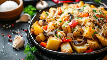 Fried potatoes with mushrooms and vegetables in a frying pan on a black background, selective focus - obrazy, fototapety, plakaty