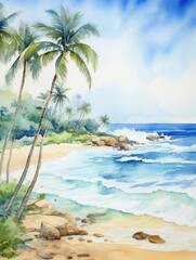 A painting depicting a vibrant tropical beach with lush palm trees swaying in the breeze under a clear blue sky, capturing the essence of a tropical paradise.