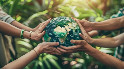 green friendly eco Hands of business people Embracing Green Globe.Protecting Planet Together.Environment Earth Day. Responsibility for the environment. Ecosystem and Organization Development ESG csr