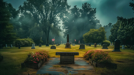 Tranquil Cemetery Shrouded In Mist, With American Flags Fluttering Amongst Tombstones Lush Greenery - obrazy, fototapety, plakaty