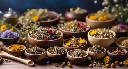 Assortment of dry tea in wooden bowls